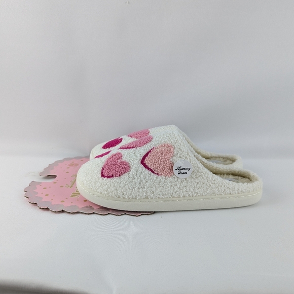 Hearts Slippers Sherpa Upper Fleece Memory Foam Slip On Ivory Pink XL (9/10) NWT - Picture 6 of 11